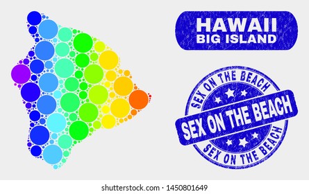 Rainbow colored spotted Hawaii Big Island map and seals. Blue round Sex on the Beach distress stamp. Gradient rainbow colored Hawaii Big Island map mosaic of randomized small circles.