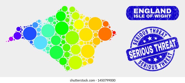 Rainbow colored spotted Isle of Wight map and watermarks. Blue round Serious Threat grunge seal stamp. Gradiented rainbow colored Isle of Wight map mosaic of random round elements.