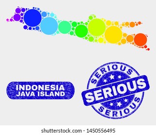 Rainbow colored spotted Java Island map and seal stamps. Blue rounded Serious textured seal stamp. Gradient rainbow colored Java Island map mosaic of random circle.