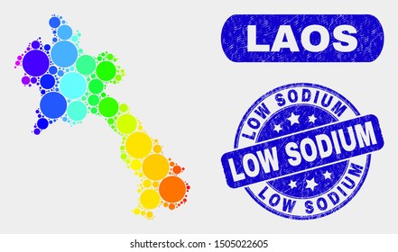 Rainbow colored spotted Laos map and rubber prints. Blue round Low Sodium grunge stamp. Gradiented rainbow colored Laos map mosaic of scattered round spots. Low Sodium watermark with dirty texture.