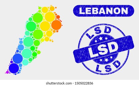 Rainbow colored spotted Lebanon map and seal stamps. Blue rounded Lsd scratched seal. Gradiented rainbow colored Lebanon map mosaic of scattered circle. Lsd seal stamp with scratched surface.