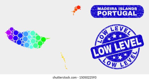 Rainbow colored spotted Madeira Islands map and seal stamps. Blue rounded Low Level distress stamp. Gradient spectrum Madeira Islands map mosaic of random circle dots.