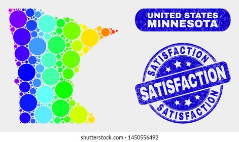 Rainbow colored spotted Minnesota State map and rubber prints. Blue round Satisfaction grunge seal stamp. Gradiented rainbow colored Minnesota State map mosaic of random small spheres.