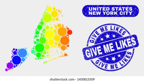 Rainbow colored spotted New York City map and seal stamps. Blue rounded Give Me Likes grunge stamp. Gradiented rainbow colored New York City map mosaic of random circle dots.