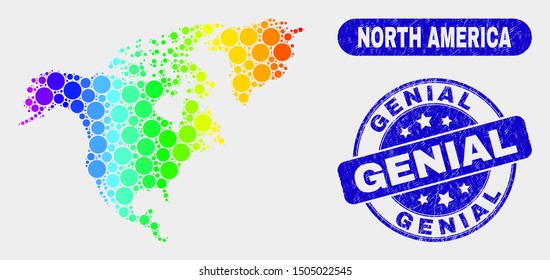 Rainbow colored spotted North America map and watermarks. Blue rounded Genial scratched watermark. Gradiented rainbow colored North America map mosaic of scattered circle.