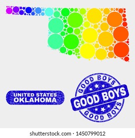Rainbow colored spotted Oklahoma State map and seals. Blue round Good Boys distress stamp. Gradiented spectral Oklahoma State map mosaic of randomized circle.
