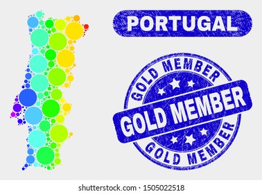 Rainbow colored spotted Portugal map and stamps. Blue round Gold Member scratched seal. Gradient rainbow colored Portugal map mosaic of randomized spheric dots.