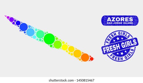 Rainbow colored spotted Sao Jorge Island map and rubber prints. Blue round Fresh Girls grunge stamp. Gradiented spectral Sao Jorge Island map mosaic of random small spheres.