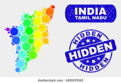 Rainbow colored spotted Tamil Nadu State map and seals. Blue rounded Hidden distress watermark. Gradient rainbow colored Tamil Nadu State map mosaic of randomized circle elements.