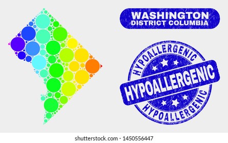 Rainbow colored spotted Washington District Columbia map and seal stamps. Blue rounded Hypoallergenic scratched seal.