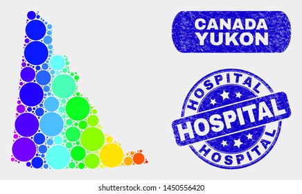 Rainbow colored spotted Yukon Province map and seals. Blue round Hospital distress watermark. Gradient rainbow colored Yukon Province map mosaic of scattered round elements.