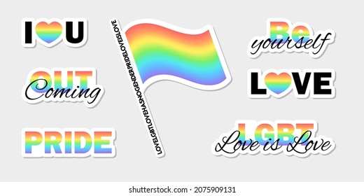 Rainbow colored stickers collection with black elements and letters. Vector clip art in colors of the LGBT community. Best for seamless patterns, prints, banners, cards and web design.
