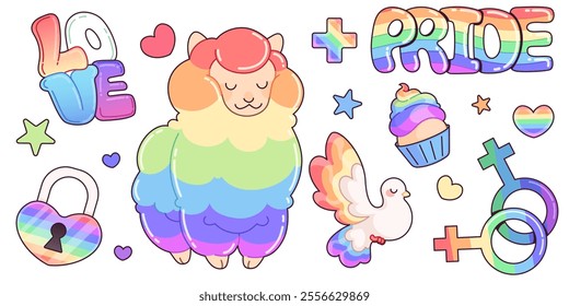 Rainbow colored stickers and icons for LGBTQ tolerance design - cute sheep, padlock and dove, cupcake and gender symbols, stars and hearts. Love text and Pride lettering in pastel gradient colors.