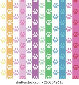 Rainbow colored stripe pattern with doodle paw prints. Seamless fabric design pattern