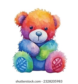 rainbow colored teddy bear soft toy in watercolor illustration