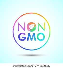 Rainbow colored text, non gmo emblem, creative leaf icon art