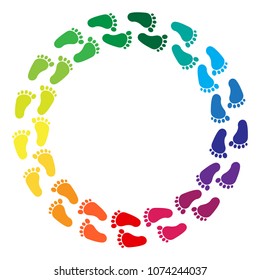 Rainbow colored traces of human feet, round frame. Color wheel. Vector illustration