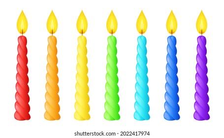Rainbow colored twisted candles with flame. Spiral wax sticks with burning wick. Vector cartoon set of swirl candles for events, celebration, holidays, romantic date and decoration