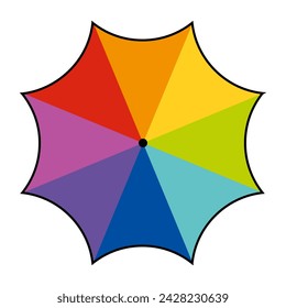 Rainbow colored umbrella. Protection from rain and sun, beach, sea, bad weather, precipitation, tools, bright, colorful, childish, meteorology, vacation, parasol. Vector illustration