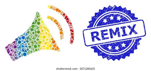 Vector de color arcoiris anuncia el collage de cuernos para LGBT, y remix un sello de rosette impuro. El sello azul contiene texto Remix dentro de la roseta.