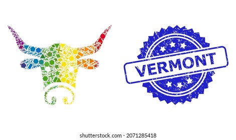 Rainbow colored vector bull head collage for LGBT, and Vermont corroded rosette seal imitation. Blue stamp seal has Vermont title inside rosette.