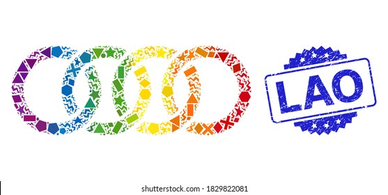Rainbow colored vector circle chain mosaic for LGBT, and Lao dirty rosette stamp seal. Blue stamp seal contains Lao title inside rosette.