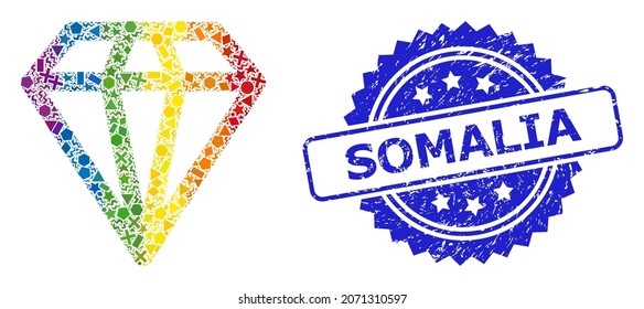 Rainbow colored vector diamond collage for LGBT, and Somalia corroded rosette seal print. Blue stamp seal has Somalia caption inside rosette.