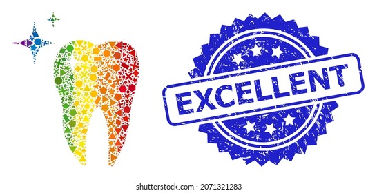 Rainbow colored vector excellent tooth collage for LGBT, and Excellent scratched rosette seal. Blue stamp seal contains Excellent title inside rosette.