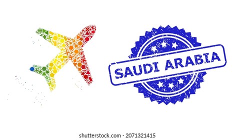 Rainbow colored vector flying air liner mosaic for LGBT, and Saudi Arabia scratched rosette seal imitation. Blue stamp seal contains Saudi Arabia tag inside rosette.