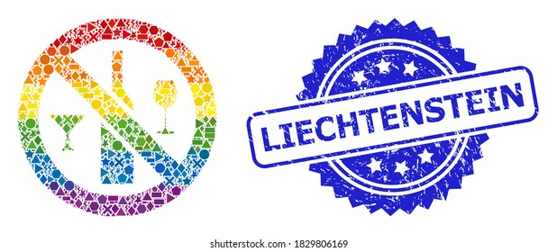 Rainbow colored vector forbidden wine drinks mosaic for LGBT, and Liechtenstein dirty rosette seal print. Blue seal contains Liechtenstein tag inside rosette.