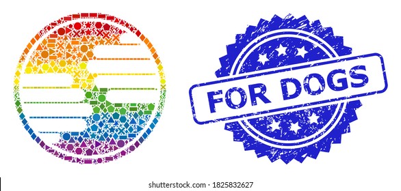 Rainbow colored vector hands circle mosaic for LGBT, and For Dogs textured rosette seal. Blue stamp seal has For Dogs tag inside rosette.