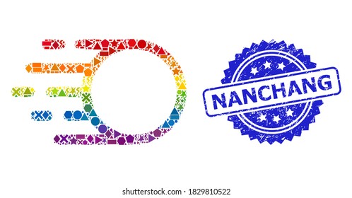 Rainbow colored vector light motion collage for LGBT, and Nanchang dirty rosette stamp. Blue stamp seal has Nanchang tag inside rosette.