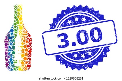 Mosaico vectorial de color arcoiris de alcohol narcótico para LGBT, y sello de rosetón sucio de 3.00. El sello azul contiene 3,00 subtítulos en rosette.