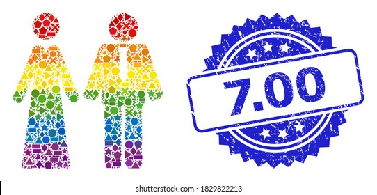 Mosaico vectorial de color arcoiris para recién casados LGBT, y sello de rosetón de caucho 7.00. El sello azul tiene 7.00 textos dentro de rosette. Los puntos geométricos aleatorizados se unen en un icono abstracto de mosaico de recién casados.