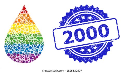 Rainbow colored vector oil drop collage for LGBT, and 2000 textured rosette stamp seal. Blue stamp seal includes 2000 text inside rosette.