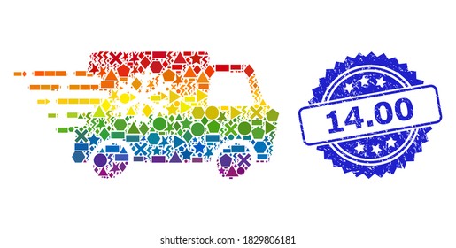 Rainbow colored vector refrigerator car collage for LGBT, and 14.00 textured rosette seal. Blue seal includes 14.00 tag inside rosette.