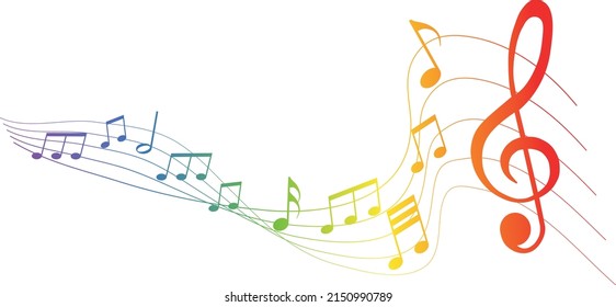 rainbow colored vector sheet music - musical notes melody on white background