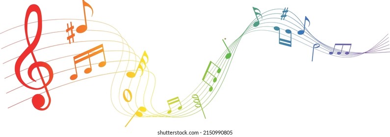 rainbow colored vector sheet music - musical notes melody on white background