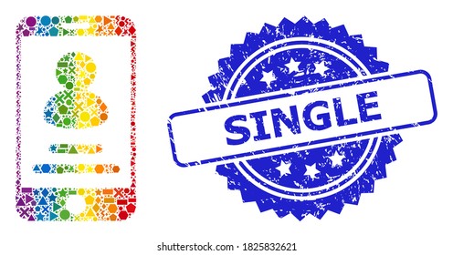 Rainbow colored vector smartphone user info collage for LGBT, and Single corroded rosette seal print. Blue seal has Single tag inside rosette.