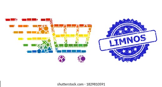 Rainbow colored vector supermarket cart collage for LGBT, and Limnos rubber rosette stamp. Blue stamp has Limnos tag inside rosette.