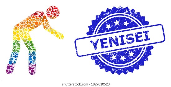 Rainbow colored vector tired person collage for LGBT, and Yenisei corroded rosette stamp. Blue stamp seal has Yenisei title inside rosette.