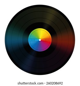 Rainbow colored vinyl record with unlabeled center that can be identified with your company logo or text. Isolated vector illustration on white background.