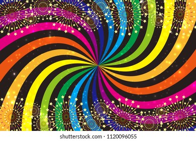 Rainbow colored vortex and fireworks, summer festival, fireworks festival, concentration line, radiation