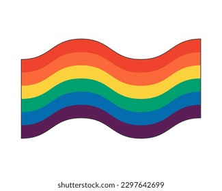 Bandera ondulada de color arcoiris. Movimiento LGBT y LGBTQ. Símbolo de las minorías sexuales. Tolerancia de gays y lesbianas. La homosexualidad es orgullo de la colorida ilustración vectorial eps. Insignia de estilo Groovy