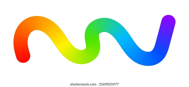 Rainbow colored wavy line isolated on white background. Cool colorful squiggle. Organic doodle flow or fluid figure with multicolored gradient effect. Vector illustration.