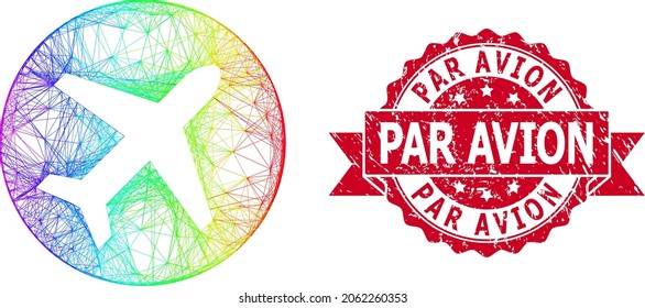 Rainbow colored wire frame airport, and Par Avion corroded ribbon stamp seal. Red stamp seal includes Par Avion title inside ribbon.Geometric linear carcass 2D net based on airport icon,