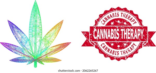 Marco de alambre de color arcoiris con cannabis y sello de timbre impuro de la terapia con cannabis. El sello rojo incluye la etiqueta de terapia con cannabis dentro de la cinta. Red plana de canales de alambre geométricos basada en el icono del cannabis,