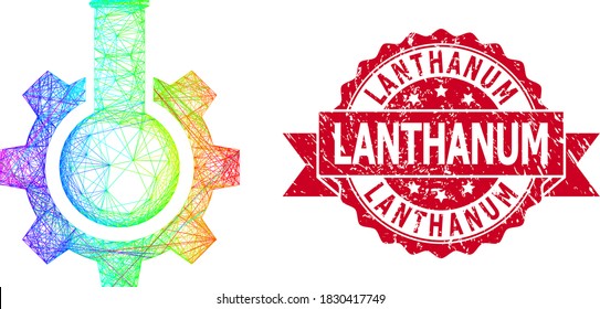 Industria química de armazón de alambre de color arcoiris y imitación de sellado de lazo sucio de Lantanum. El sello rojo incluye la leyenda de Lantanum dentro de la cinta.