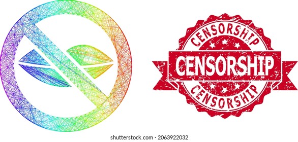 Rainbow colored wire frame forbidden kiss, and Censorship textured ribbon seal. Red seal includes Censorship caption inside ribbon.Geometric wire frame 2D network based on forbidden kiss icon,