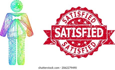 Rainbow colored wire frame happy mister, and Satisfied scratched ribbon seal. Red seal contains Satisfied caption inside ribbon.Geometric hatched frame flat net based on happy mister icon,